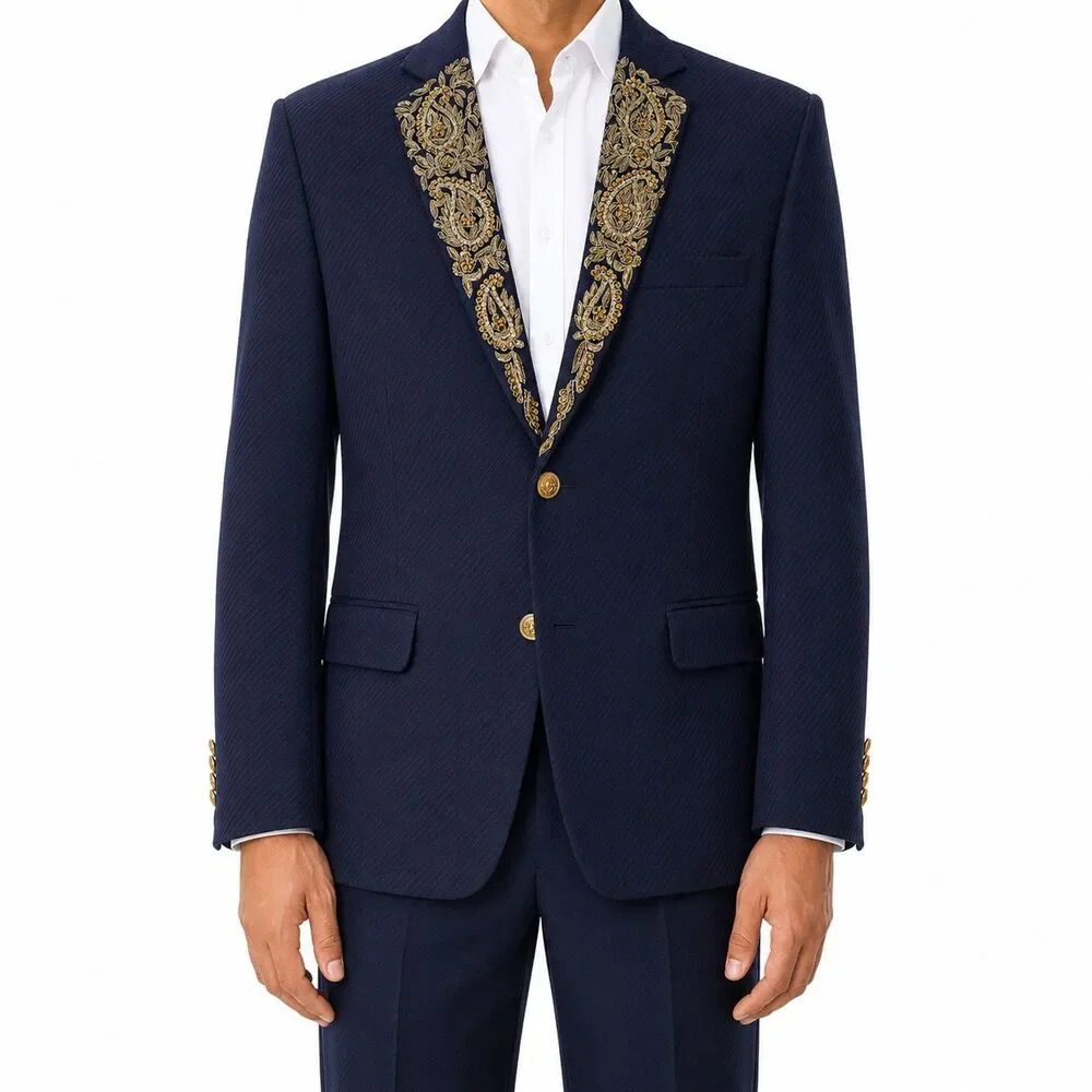 Mens 42R Navy Blue Wool Blazer Hand Embroidered Gold Paisley Tuxedo Suit Jacket